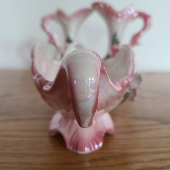 Three Piece Iridescent Lusterware Pink Bud Vase Set 3-D Capodimonte Flowers - Picture 3 of 15